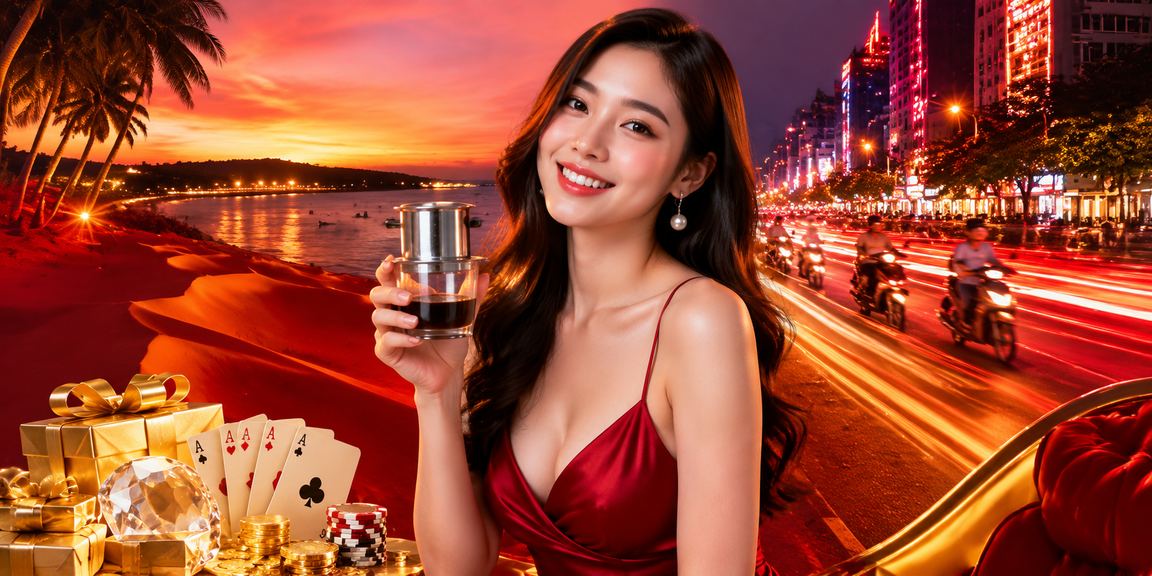 Cảnh biển Mũi Né với ly cà phê Việt Nam